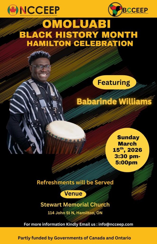 Omoluabi Black History Month Hamilton Celebration 2026 flyer featuring Babarinde Williams playing a drum at Stewart Memorial Church