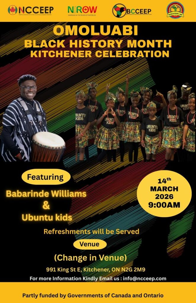 Omoluabi Black History Month Kitchener Celebration 2026 flyer featuring Babarinde Williams and Ubuntu Kids, March 14, 2026 at 991 King St E, Kitchener