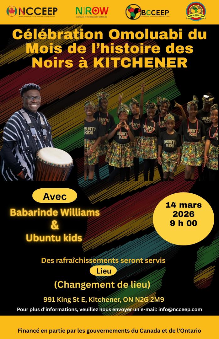 Célébration Omoluabi du Mois de l'histoire des Noirs à Kitchener 2026 - affiche avec Babarinde Williams et Ubuntu Kids