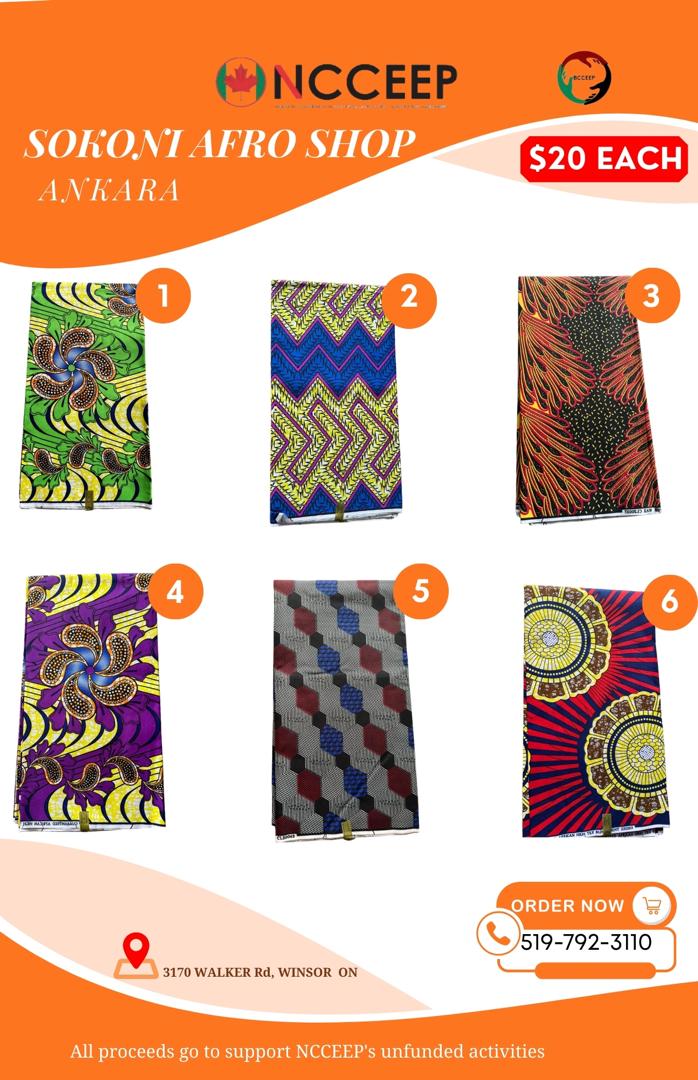Sokoni Afro Shop Ankara fabric collection showing six colorful patterned fabrics priced at 20 dollars each