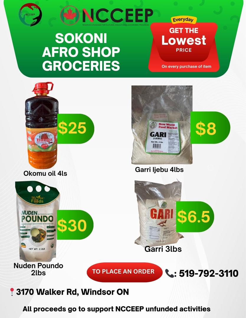 Sokoni Afro Shop groceries including Okomu oil, Garri Ijebu, Nuden Poundo, and Garri at everyday low prices
