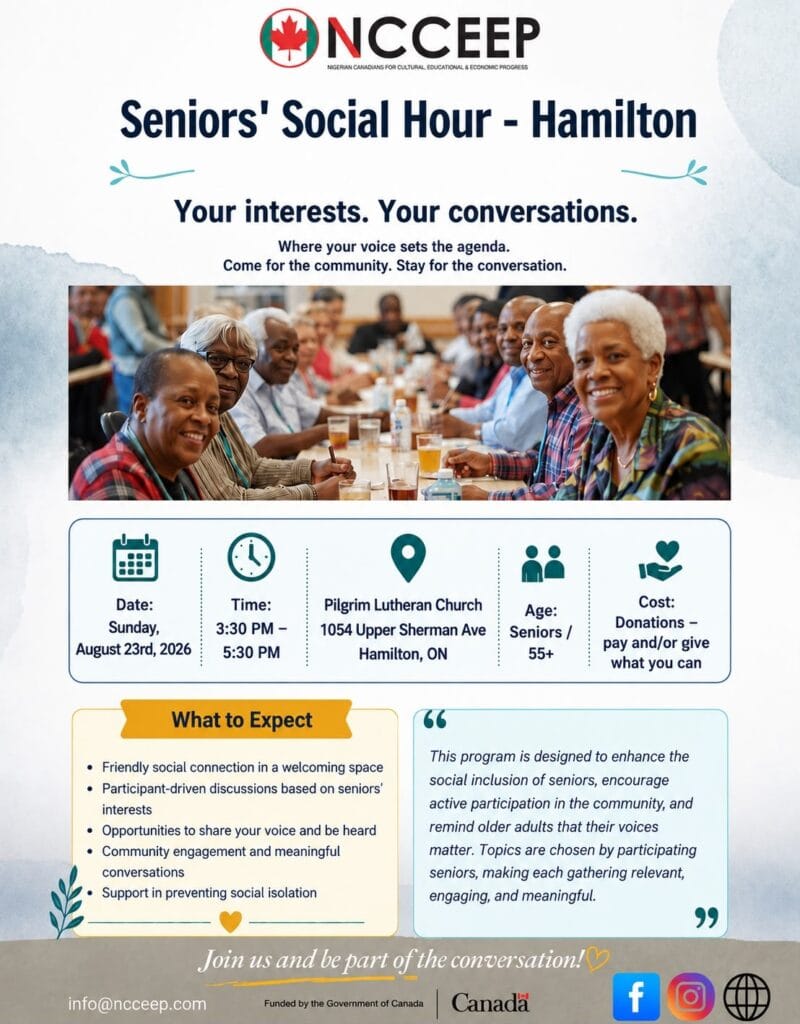 Flyer for the Seniors Social Hour in Hamilton on Sunday 23 August 2026, 3:30 to 5:30pm at Pilgrim Lutheran Church, with a photo of older adults seated together at a long table talking over drinks