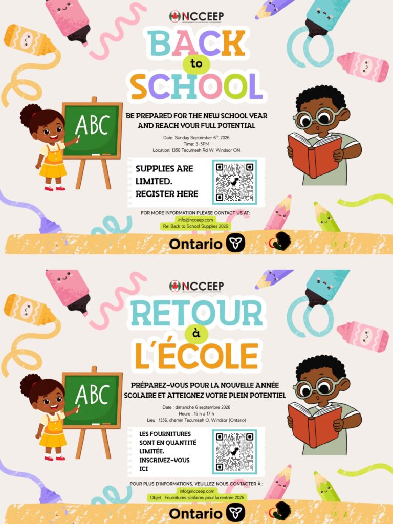 Bilingual Back to School flyer: an illustrated poster reading Back to School and Retour a l'ecole, giving Sunday 6 September 2026, 3 to 5 PM, at 1356 Tecumseh Road West, Windsor, with a QR code to register