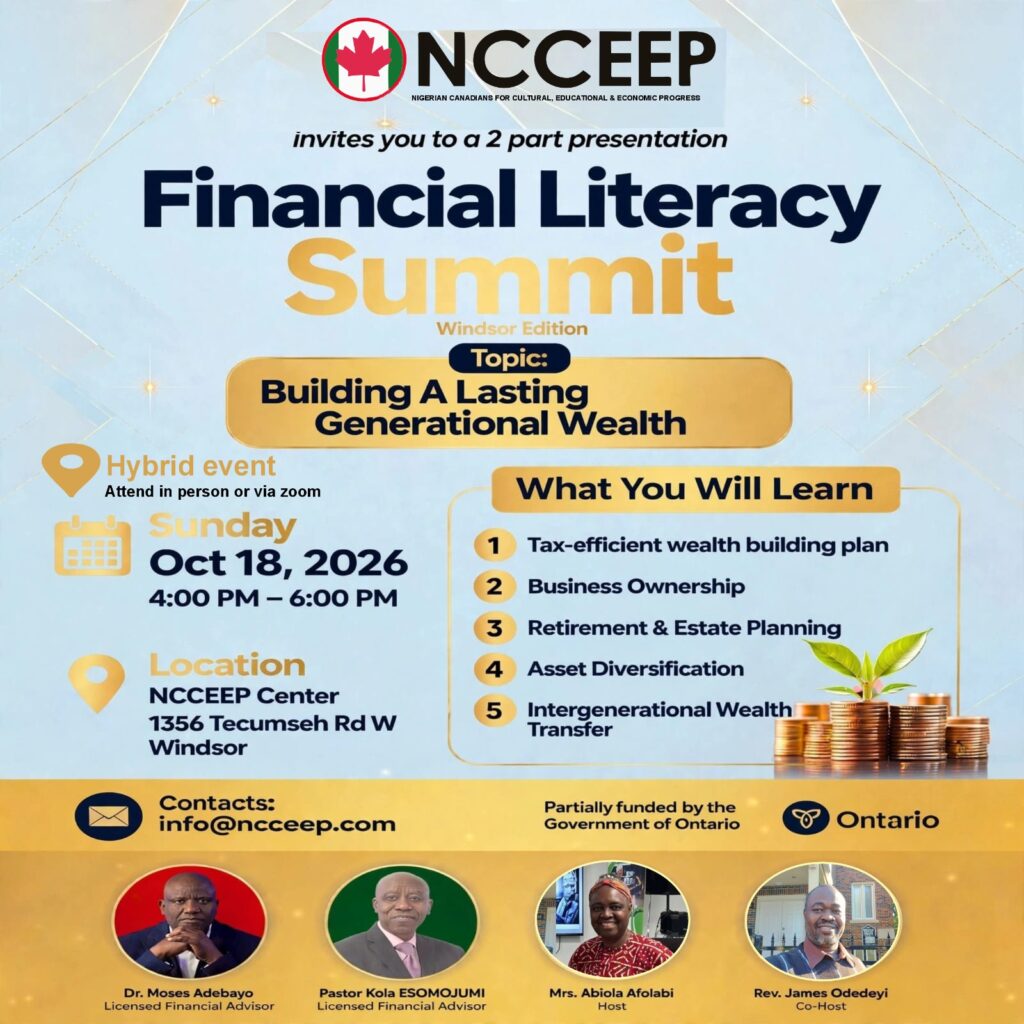 NCCEEP flyer: Financial Literacy Summit, Windsor edition, Sunday October 18, 2026, 4 to 6 PM, on building lasting generational wealth. Hybrid event at 1356 Tecumseh Rd W, Windsor, with photos of the four speakers.