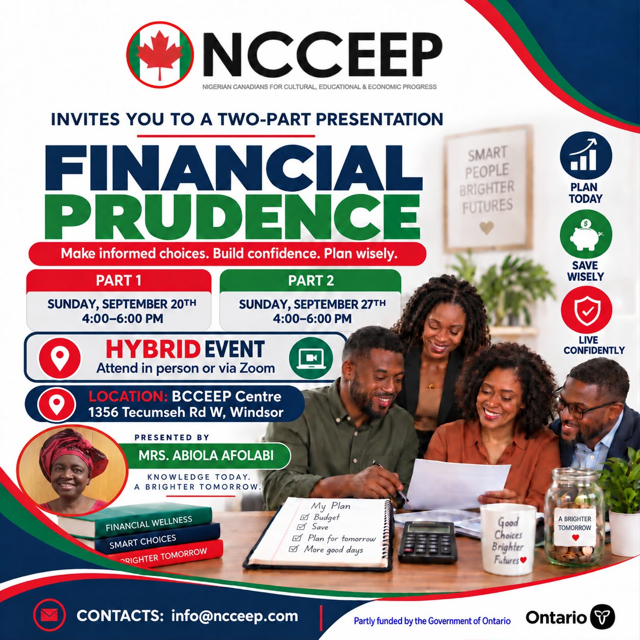 NCCEEP flyer: Financial Prudence, a two-part presentation. Part 1 Sunday September 20, Part 2 Sunday September 27, 4 to 6 PM. Hybrid event, in person at 1356 Tecumseh Rd W, Windsor, or via Zoom.